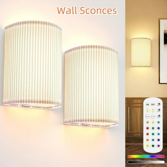 Battery-Operated Wall Sconce Set of 2, Rechargeable RGB Lamp with Remote Control, Dimmable & Timer for bedroom, living room, and hallway