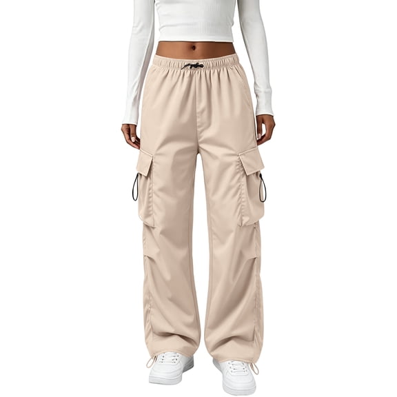 CIENVNSTG Cargo Pants for Women Loose Fit Straight Leg Drawstring Elastic Waist Sweatpant Solid Color Streetwear Parachute Pants Summer Athletic Pant with Pockets Beige XXL
