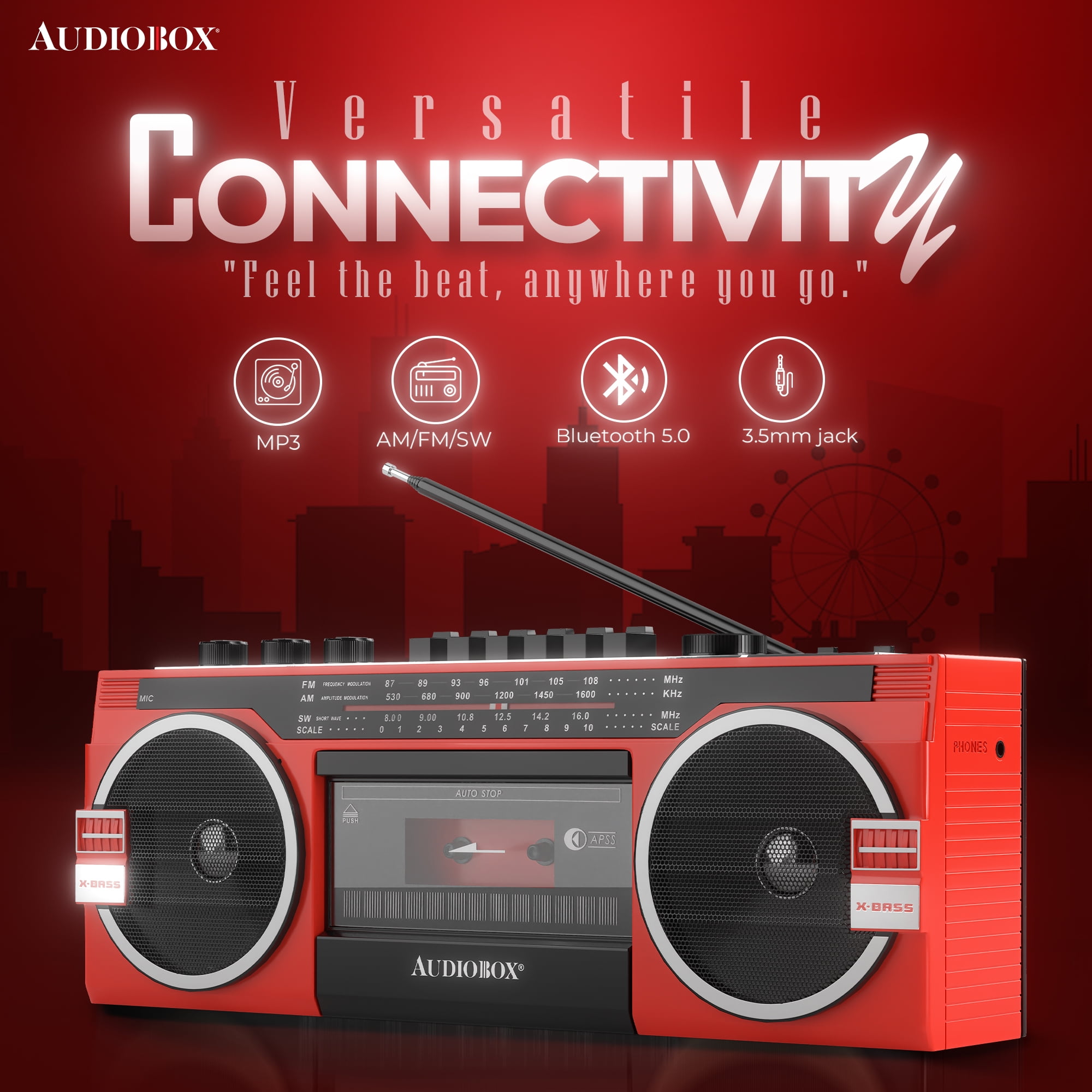 AudioBox RXC-25BT Bluetooth Boombox Speaker - 2 Way Boombox System with AM/FM/SW Radio, MP3 Playback, USB & SD Card Connection, Cassette Player, Built-in Speaker, 3.5mm Jack, Stereo Sound (Red)