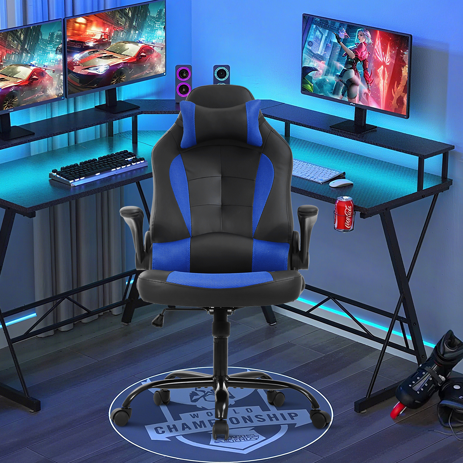 Video Game Chair High Back Gaming Chair PU Leather Racing Chair with Headrest Lumbar Support & Flip-up Arms , Adjustable Gamer Chair for Adults & Kids, Blue
