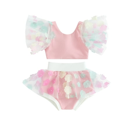 

Qtinghua Infant Toddler Baby Girls Summer Swimsuit Mesh Flower Sleeveless Knotted Vest with Shorts Bikini Set Pink 12-18 Months