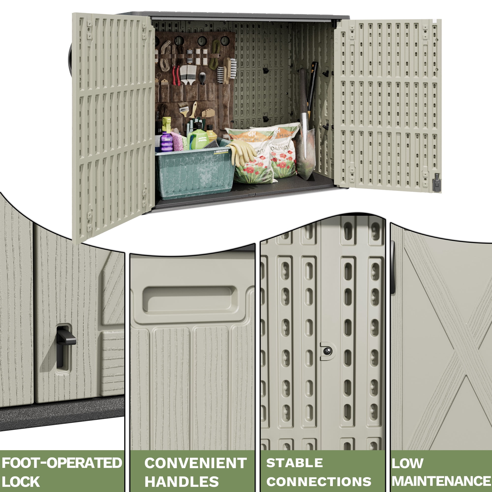 Patiowell 25 Cu.ft Outdoor Storage Shed with Floor, Horizontal Weatherproof Resin Cabinet for Patio, Garden Tools, Pool Supplies, Beige