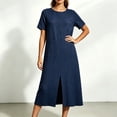 thumbnail image 2 of Levmjia Women's Summer Dress Short Sleeve Crew Neck Side Pocket Casual A Line Midi Dress with Side Slit Loose Fit Solid Color Day Dresses, 2 of 6