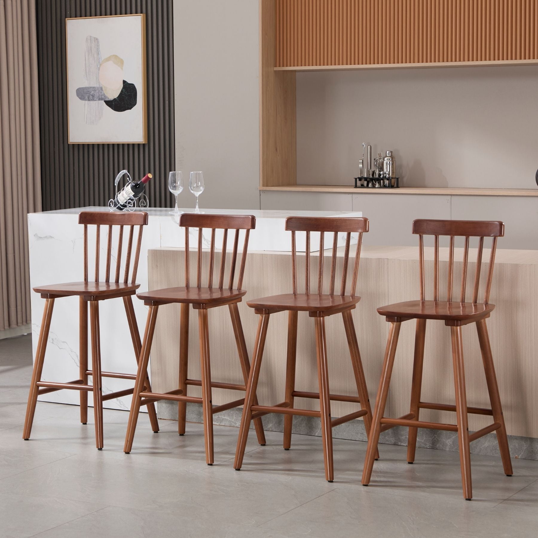 Dayalane Windsor Bar Stools Set of 2, 26" Farmhouse Wooden Counter Height Barstools with Spindle Back & Footrest, Armless Kitchen Island Stools for Bistro, Pub, Breakfast Bar,Walnut