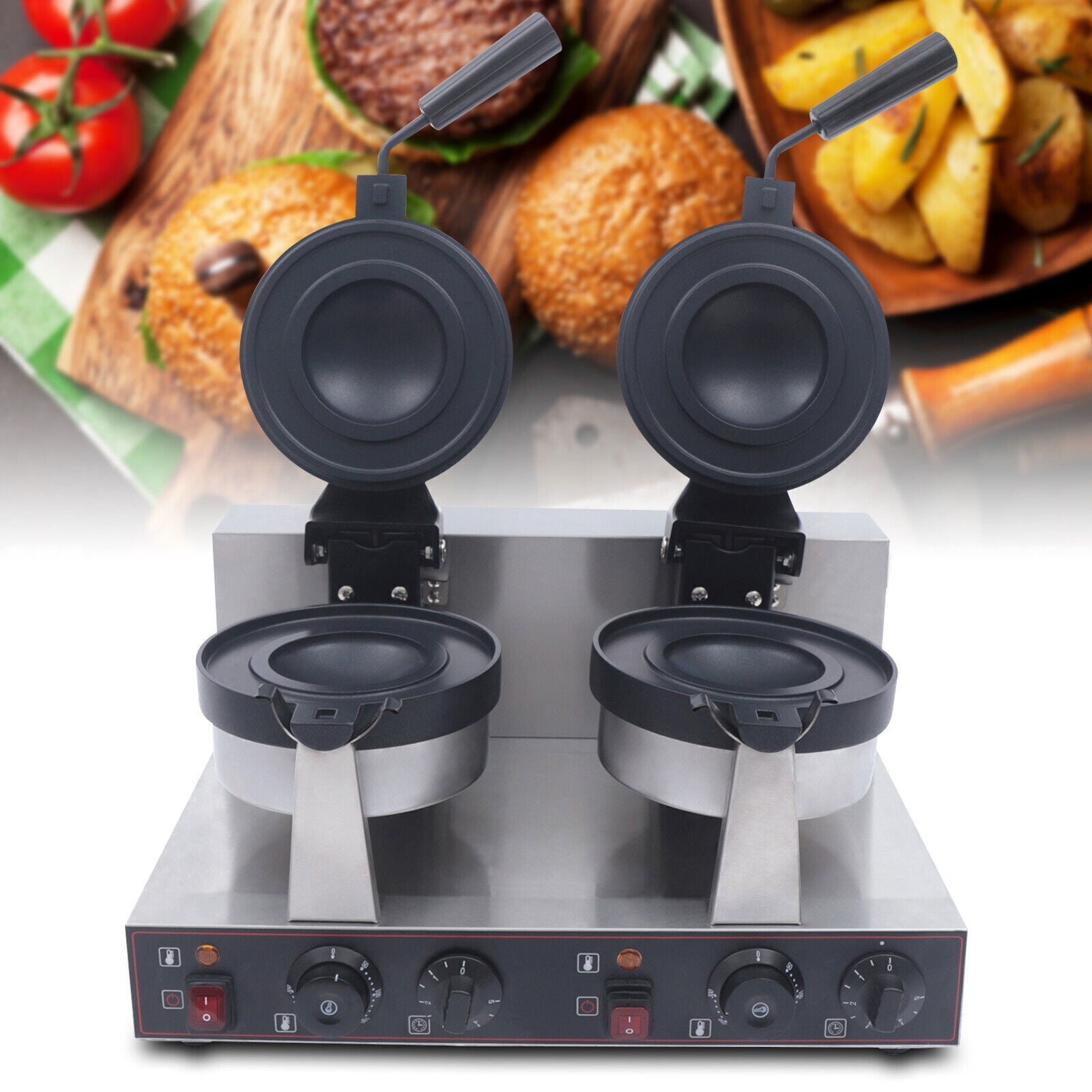 Miumaeov Commercial Waffle Maker Round Double Head Stainless Steel Burger Waffle Maker Machine Non-stick Electric Burger Waffle Maker for Restaurant Bakeries Snack Bar 2400W