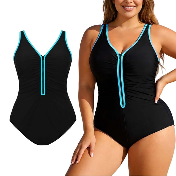 Women's One Piece Bathing Suit Plus Size Swimsuit Tummy Control Front Zipper Swimwear for Beach