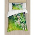 thumbnail image 3 of Flower Duvet Cover Set Queen Size, Traditional Multicolored Japanese Cherry Blossom Sakura Tree Petals Grass Land Paint, Decorative 3 Piece Bedding Set with 2 Pillow Shams, Pink Green, by Ambesonne, 3 of 3