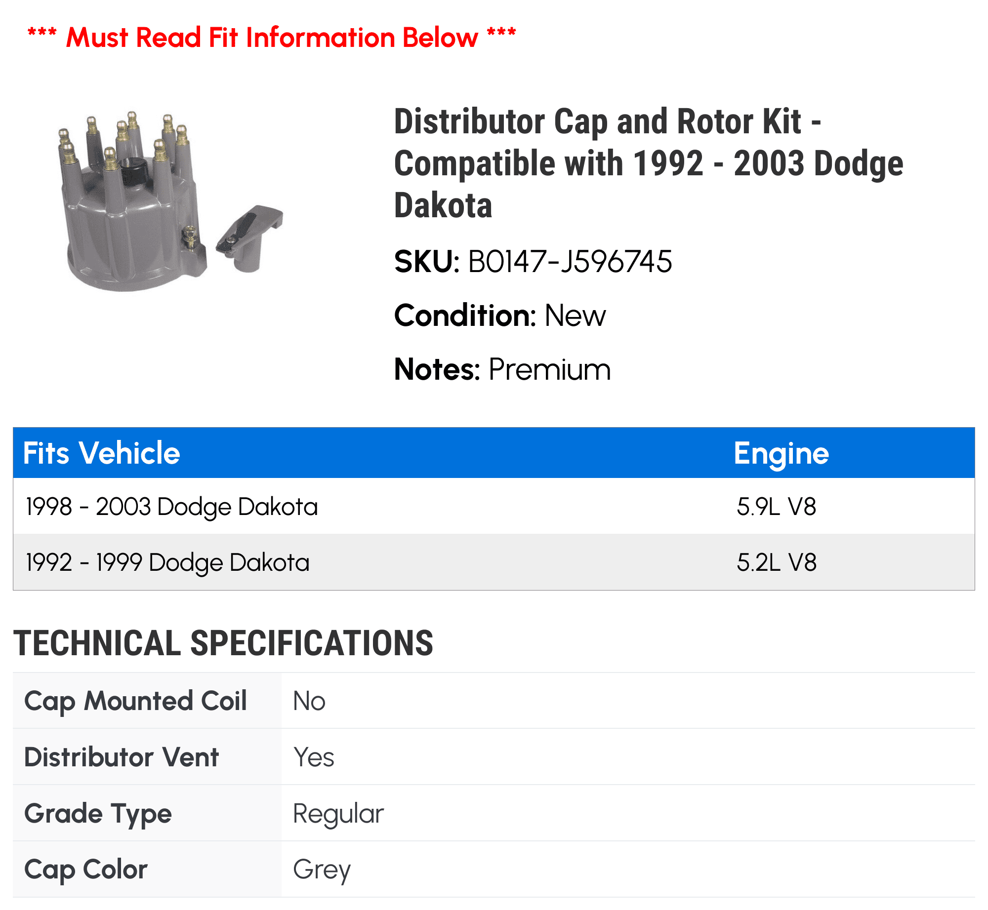 Distributor Cap and Rotor Kit - Compatible with 1992 - 2003 Dodge Dakota 1993 1994 1995 1996 1997 1998 1999 2000 2001 2002