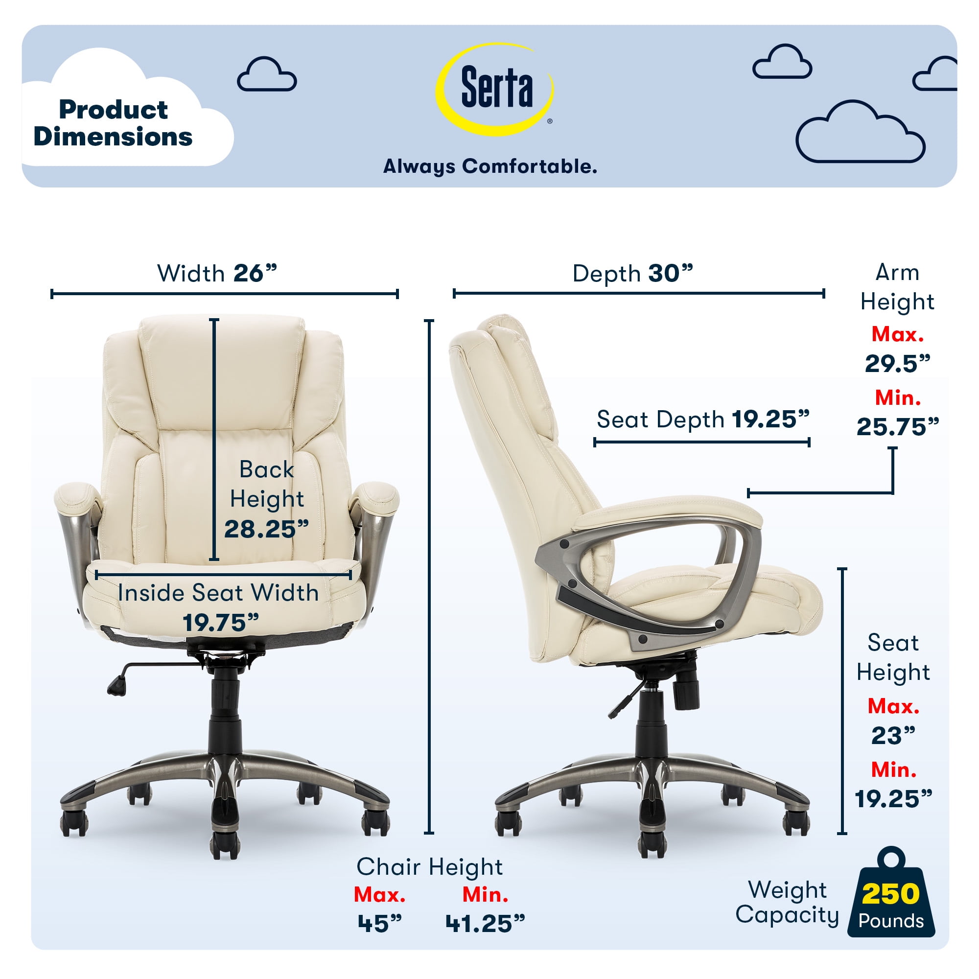 Serta Garret Executive Office Chair, Ergonomic Mid-Back with Lumbar Support, Semi-Plush Cushion and Body Pillows, Padded Armrests, Swivel Base, Bonded Leather, Ivory White