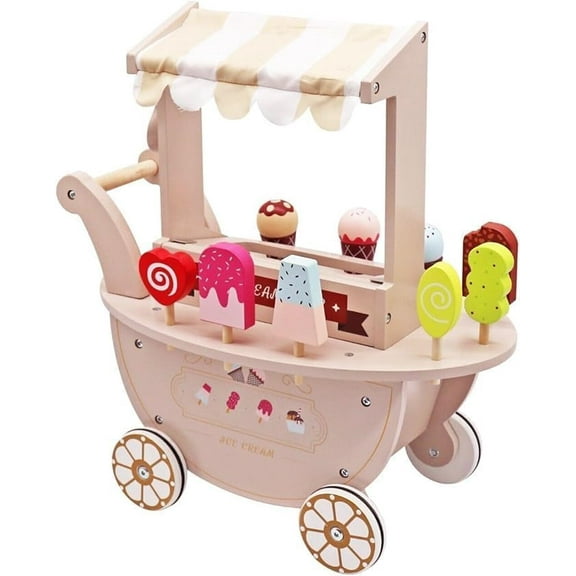 Wooden Ice Cream Cart Toys for Kids, Toddlers Pretend Play Food Truck, Gift for Girls and Boys 3 Years & Up