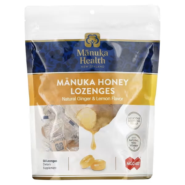 Manuka Health,Manuka Pastilles au Miel, Gingembre Naturel et Citron, MGO 400+, 58 Pastilles