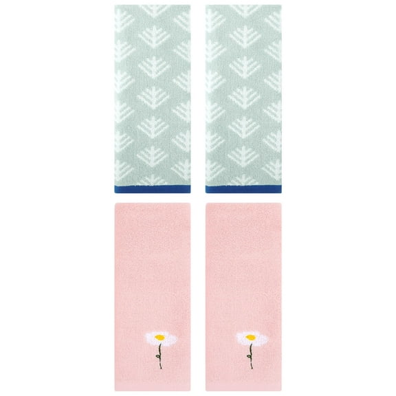 Unique Bargains 4 Pcs Soft Cotton Hand Towels Pink/Green 13" x 30"/14" x 30"