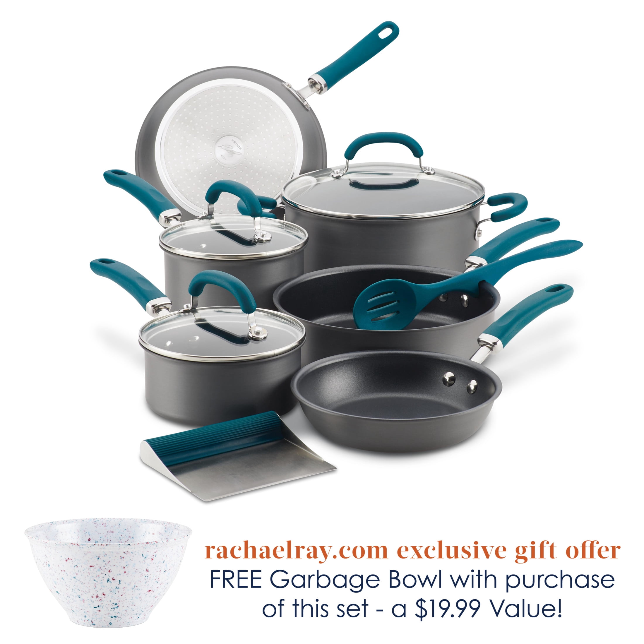 Rachael Ray 11 Piece Create Delicious Nonstick Pots and Pans Set, Teal Handles