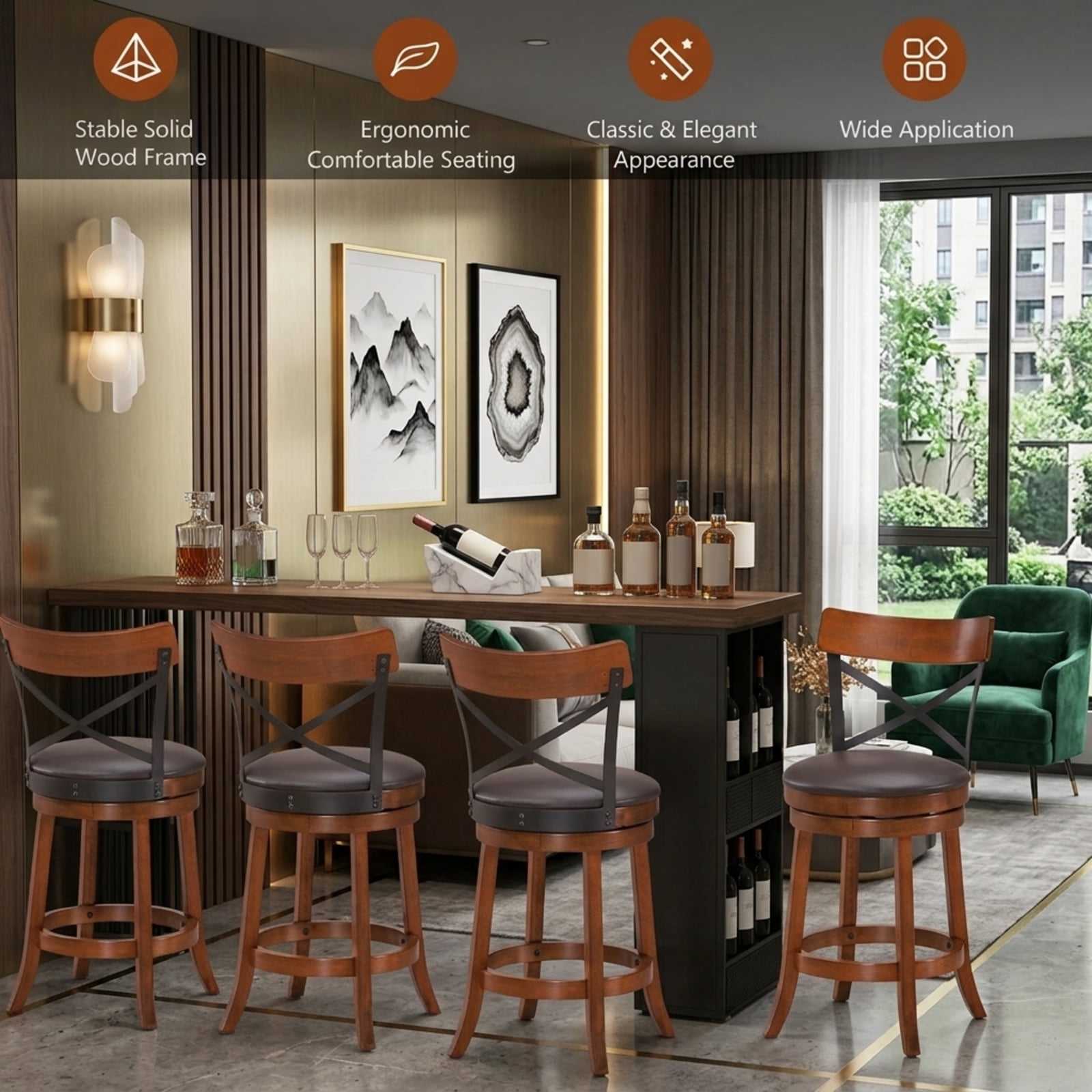 Furnibear Set of 2 Bar Stools 360-Degree Swivel Dining Bar Chairs with Rubber Wood Legs-25 inch for Kitchen Island Counter Bar Pub Dining, Walnut