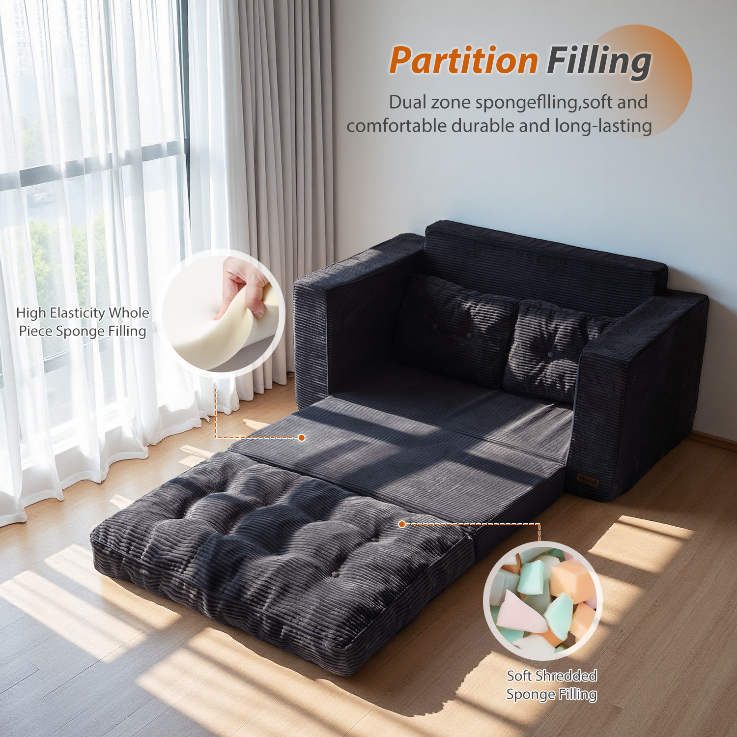 GOODONE Convertible Sofa Bed,Pull Out Couch Beds Loveseat Sleeper,2 in 1 Folding Couch Bed with Pillows for Living Room Bedroom,Black