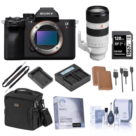Sony Alpha a7R V Mirrorless Camera with FE 70-200mm f/2.8 GM OSS II G Lens, Bundle with Shoulder Bag, 2x NP-FZ100 Battery, 128GB Memory Card, Charger, 2x Charger Plate