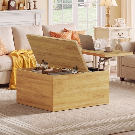 SGHUO 31.5" Lift Top Coffee Table, 4-in-1 Coffee Table with Hidden Storage and Flip Top, Wooden Center Table for Living Room, Home Office, Oak