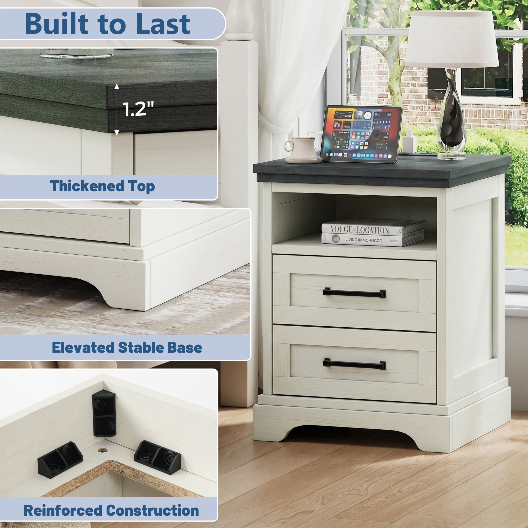 EDX 2 Drawers 24" Wood Nightstand with Drawers and Charging Station, Bedside Table for Bedroom or Living Room, White