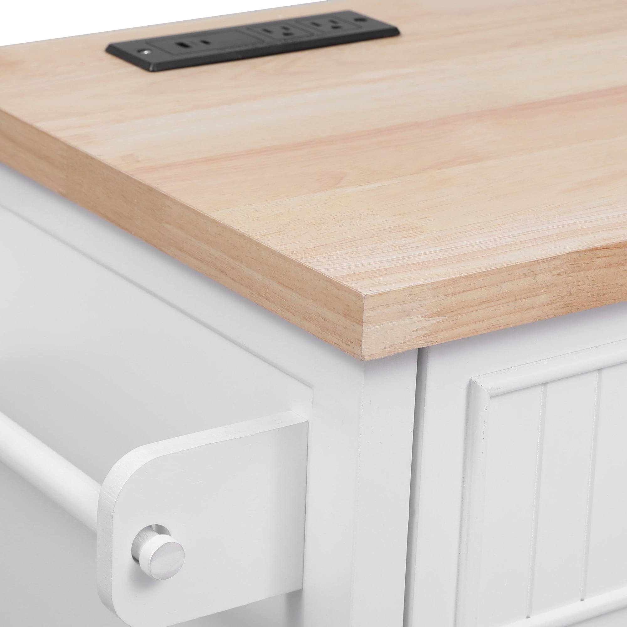 56.5'' Kitchen Island with Drop Leaf, Power Outlet, Embossed Vertical Stripe Rolling Kitchen Cart on Wheels with 4 Doors , 5 Deep Drawers and Adjustable Shelves, for Kitchen, Dining Room, White