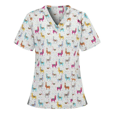 

Cakiesky Womens Scrub Tops Comfort V-Neck Christmas Scrub Tops White XXL