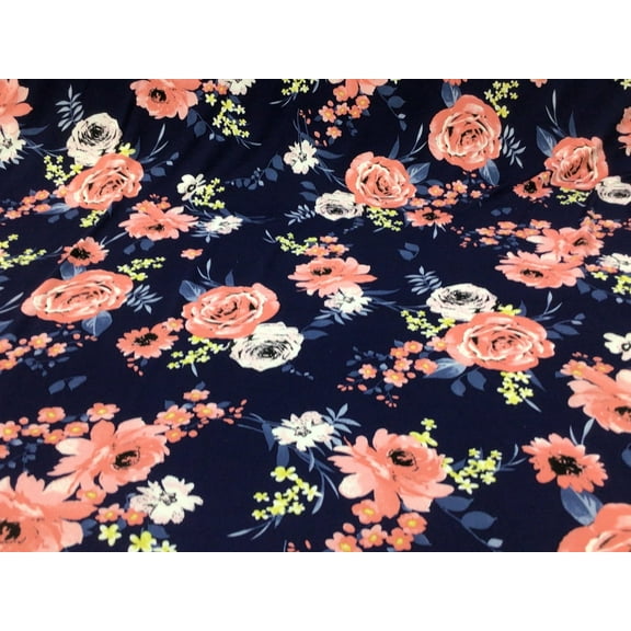 Printed DTY Spandex Stretch Apparel Fabric Navy Peach Pink Yellow Floral J310
