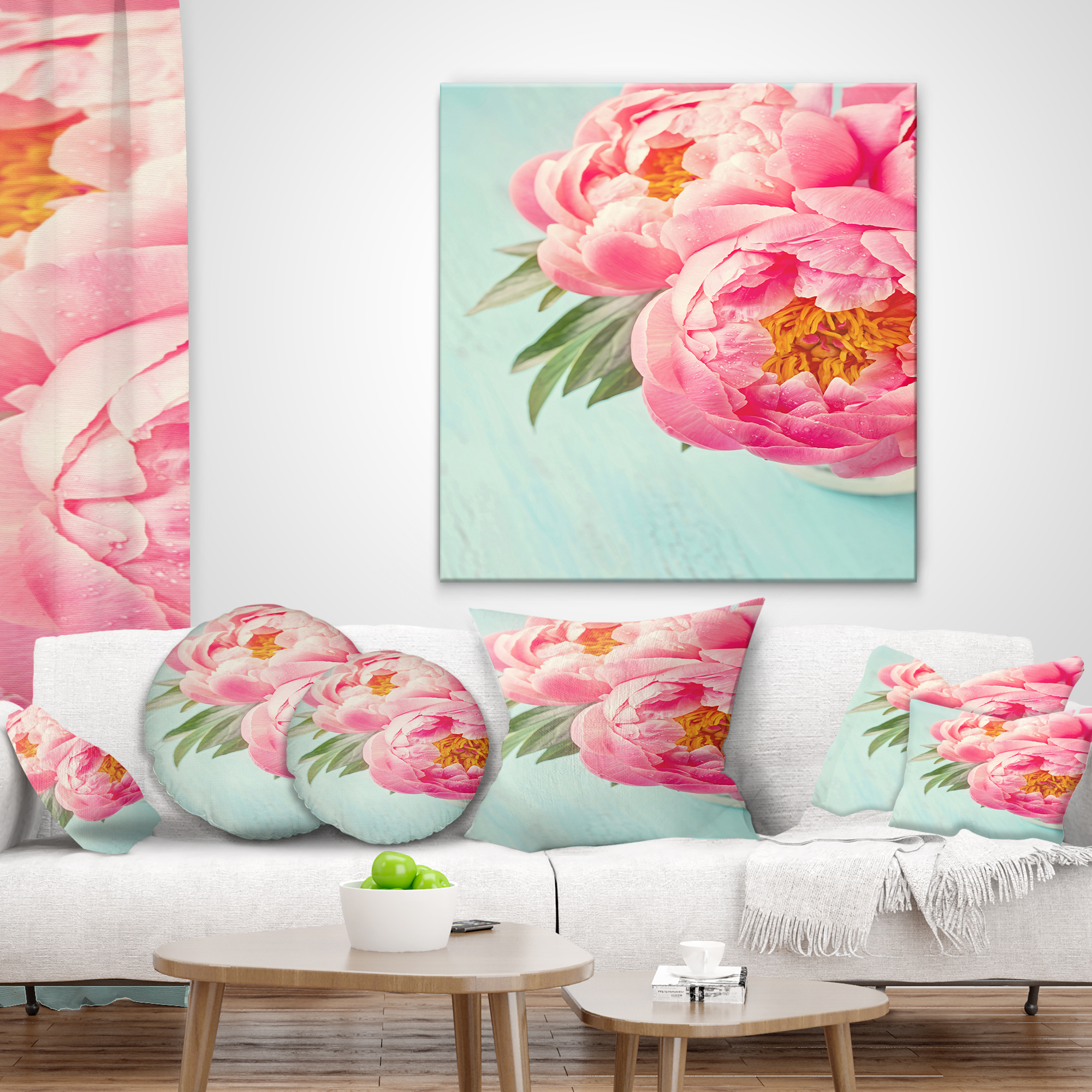 Designart Peony Flowers on Blue Background - Floral Throw Pillow - 12x20