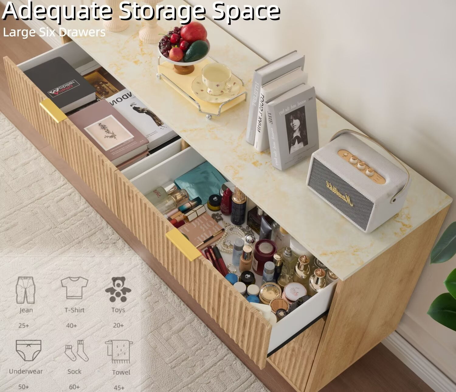 6 Drawers Dresser for Bedroom with Faux Marble Top, Fluted 56" Wide Chest of Drawers,Natural Oak