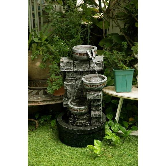 3 Tiered Bowls Floor Stacked Stone Waterfall Fountain for Outdoor Patio Garden Backyard Decking Décor. 28 Inch Tall