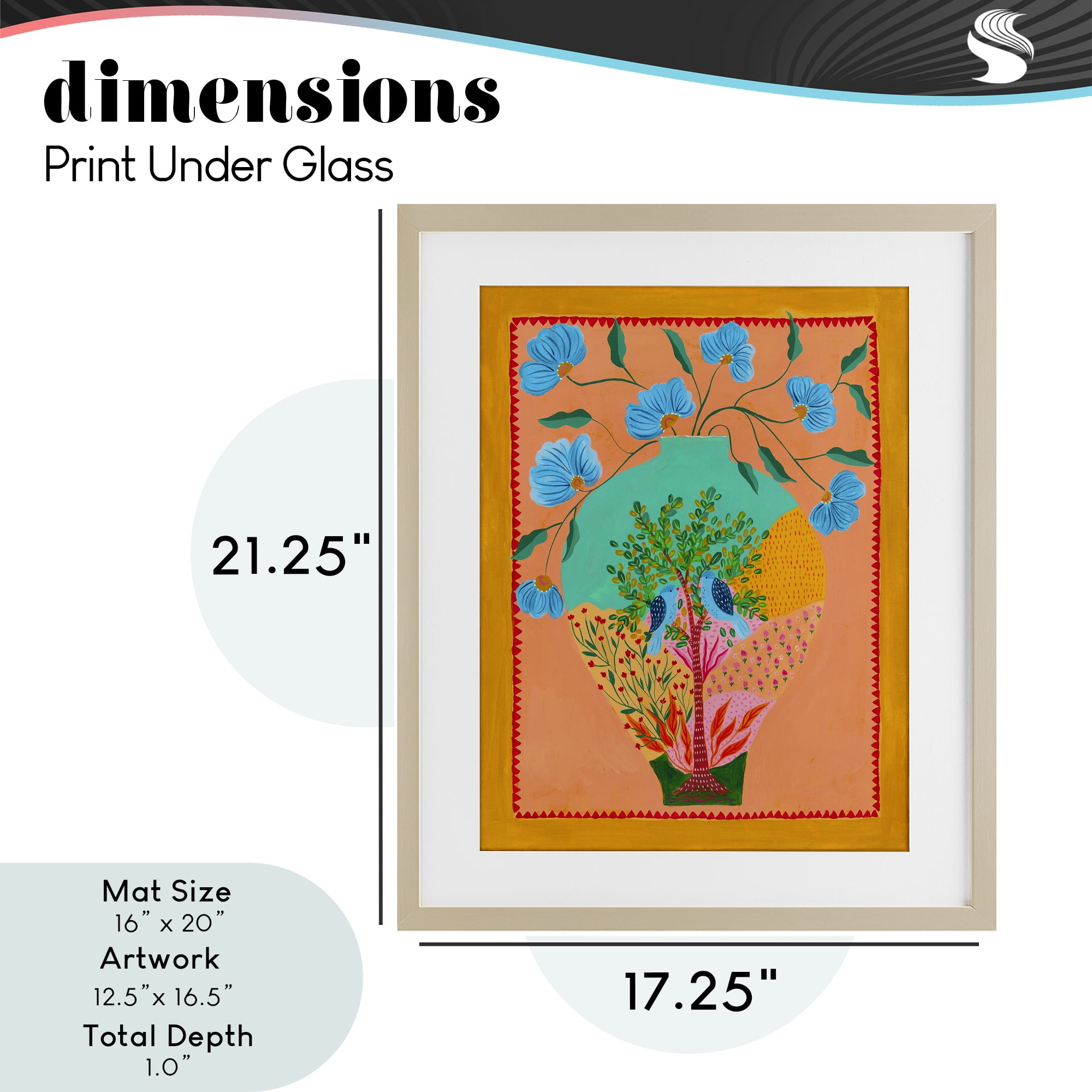 Bluebirds & Boho Flower Vase Birch Framed Print Under Glass, design by Nabeela Rumi