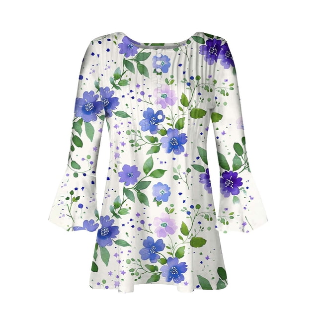 Blusa informal con botones estampados y plisados de plástico para mujer, manga 3/4, manga corta y cuello de cuerno.