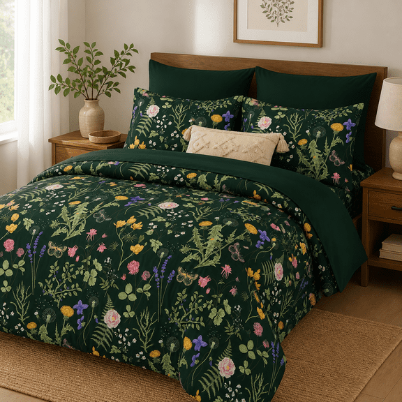 Dark Green Queen (90"x90") 7 Piece Farmhouse Floral Bed-in-a-Bag Bedding Set