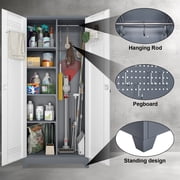 72.8H Broom Closet Cabinet, Locking Storage Cabinet,Garage Storage Cabinet with Doors and Shelves,Tall Broom Tool Organizer,Cleaning Tool Cabinet with Hooks for Utility Room