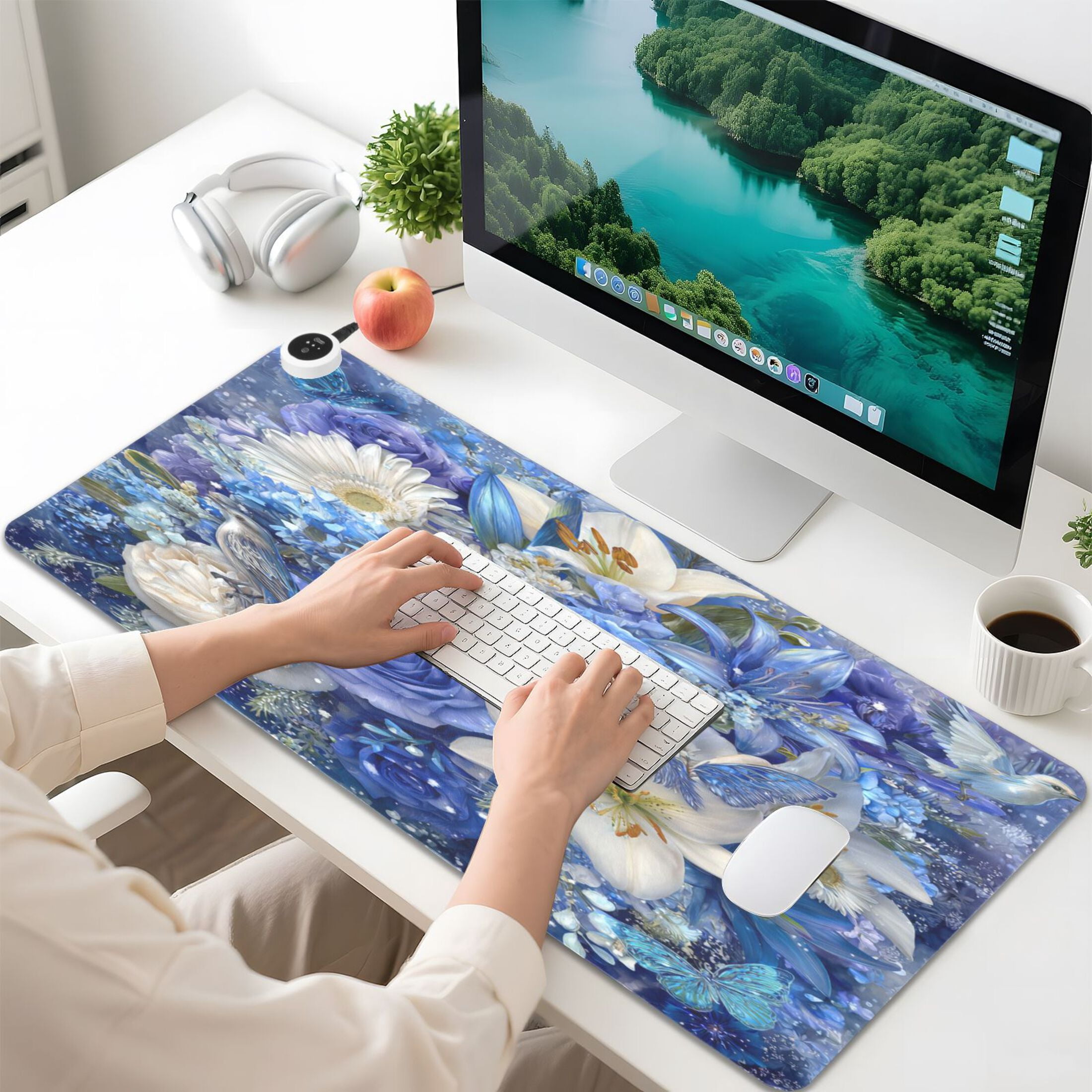 Large Heated Desk Mat Mouse Pad 31.5"x13"PU Leather Graphene Heating Desk Warmer with 3 Temperature Settings 110V US Plug Non-Slip Warm Pad for Home, Office, and Gaming Blue and White Crystal Roses