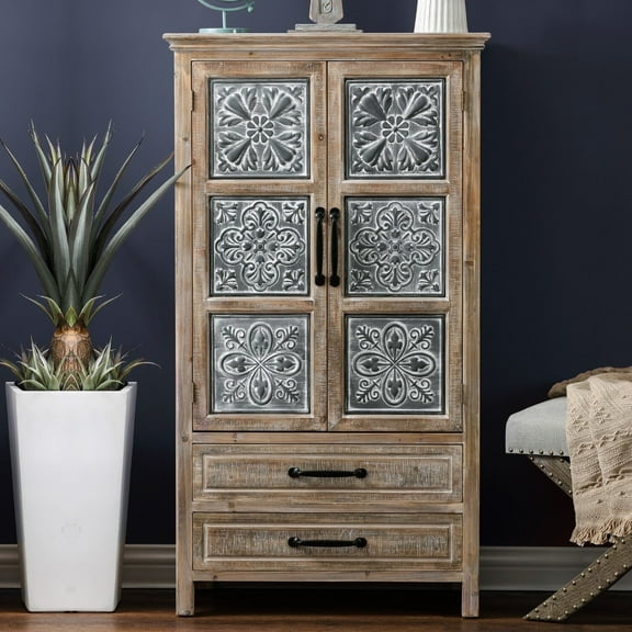 LuxenHome Farmhouse Wood and Metal 2-Drawer 2-Door Storage Cabinet
