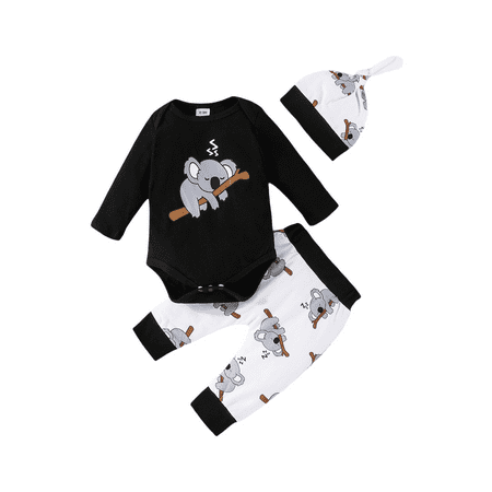 

Qtinghua 3Pcs Newborn Baby Boy Summer Clothes Koala Print Long Sleeve Romper Tops+Long Pants+Hat Infant Outfits
