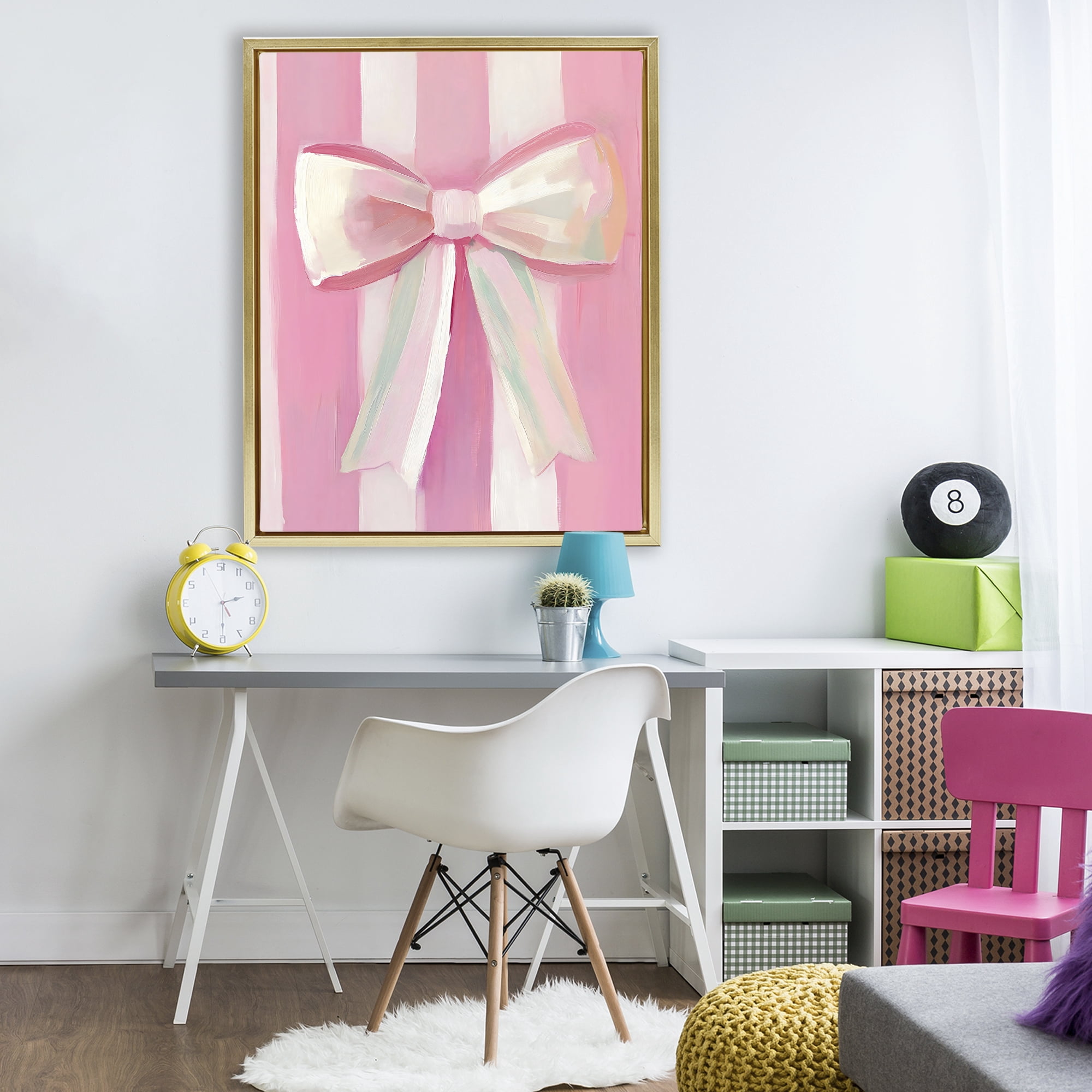 Stupell Industries Preppy Pink Bow on Stripes Gold Framed Floater Canvas Wall Art, design by The Prints Vibe