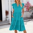 thumbnail image 2 of Vestido de Verano de Manga Corta para las Mujeres Moda Casual Cuello en V Vestido con Ruffles, Poliéster Ligero de Color Sólido para Fiestas, Bodas Y Diario, 2 of 7