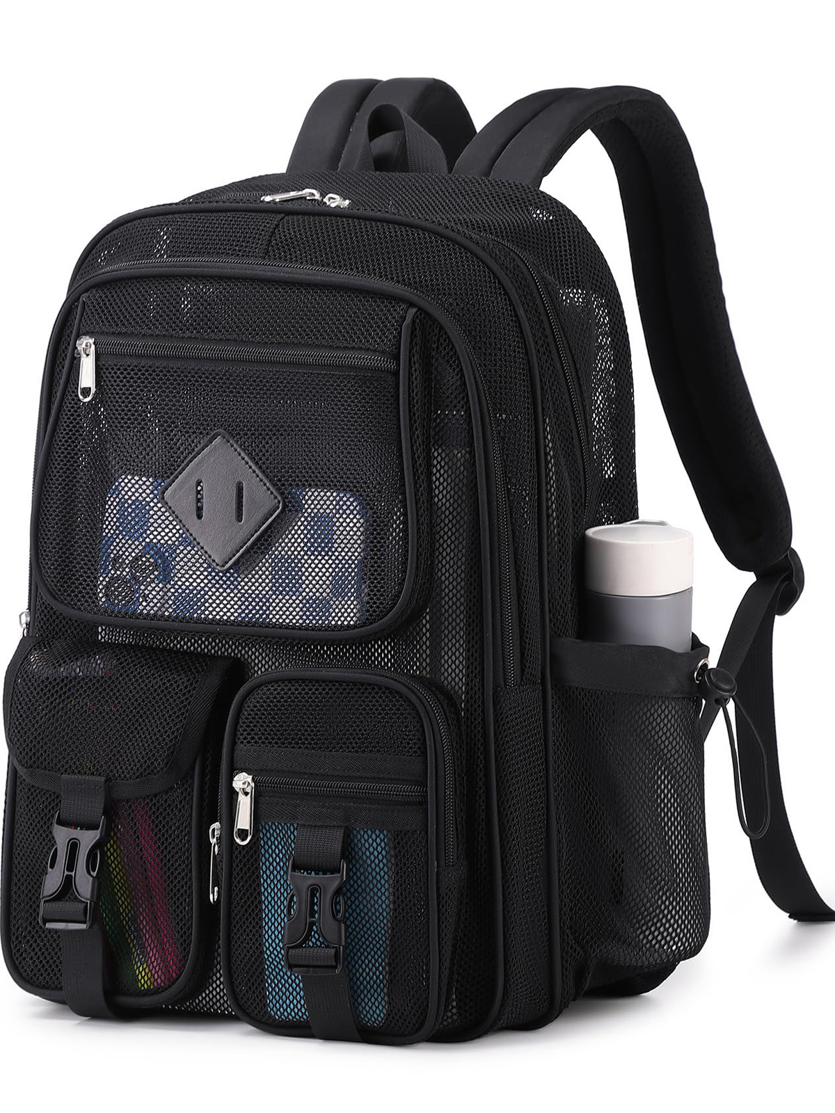 Soda Candy Mesh Backpacks for School Heavy Duty See Through Net Bookbag Semi-Transparent Net Back Pack for Beach, Swimming, Sports, Work, Travel, Black