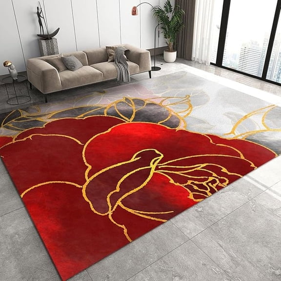 Light Luxury Flowers Area Rug, Bright Red Gold Bordered Peonies Non Slip Print Rugs, Machine Washable Carpet For Indoor Living Room Bedroom Office Decor Mat 4x5ft