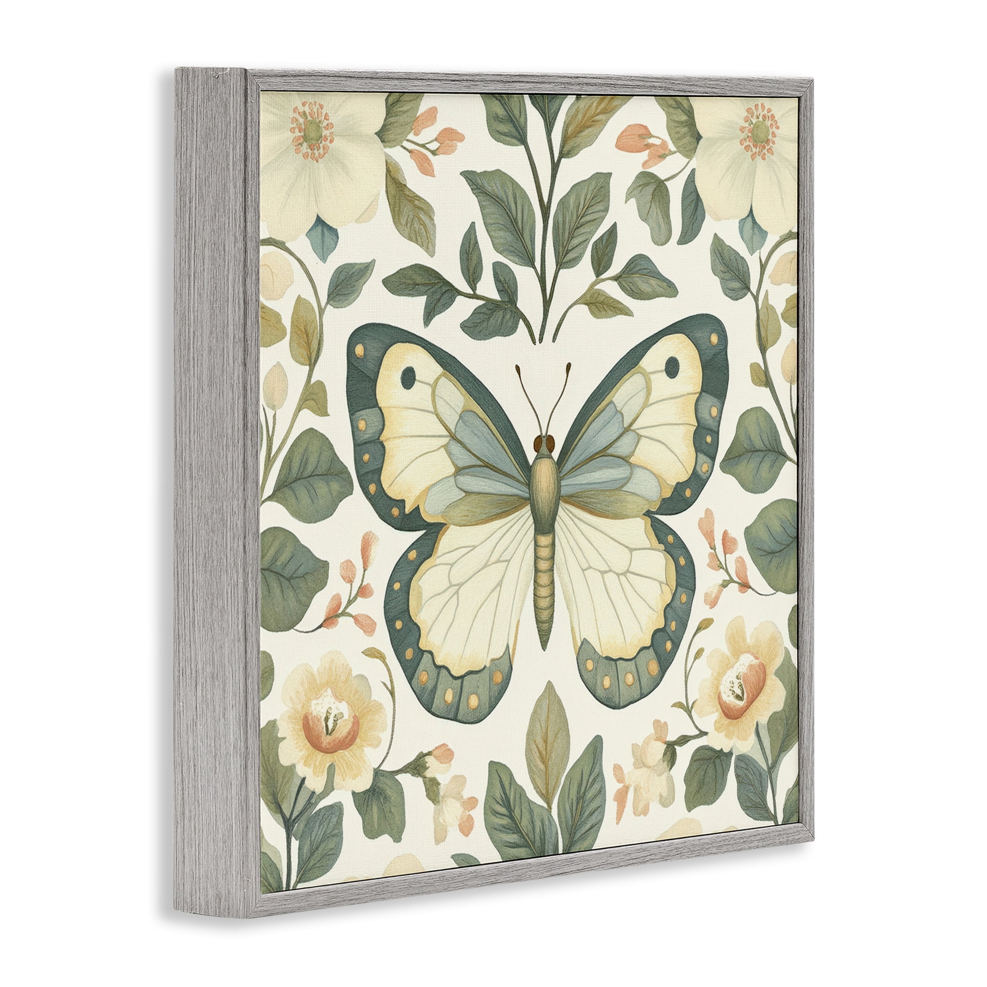 Stupell Industries Sage Butterfly and Florals Gray Framed Giclee Art, design by Petal Prints Design