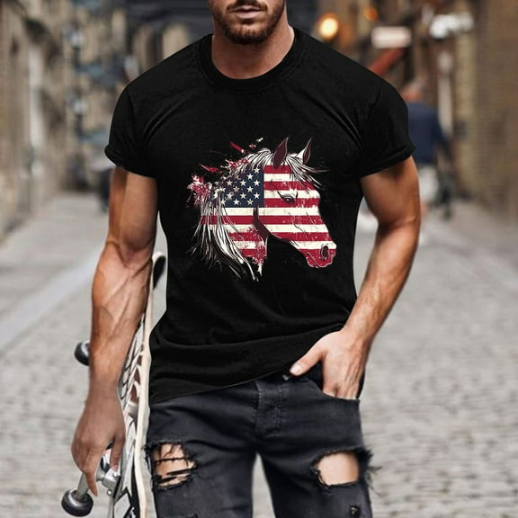 Mens Shirts Clearance under $5.00 Independence Day Printing Short Sleeve Round Neck Shirts for Men Pullover Men's T-Shirt Shirts for Men Black XXXXL