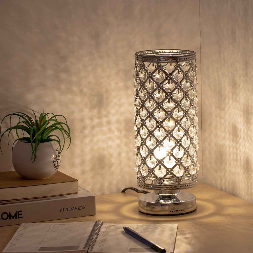 Crystal Table Lamp Cylinder Bedside Desk Reading Lamp For Bedroom Living Room