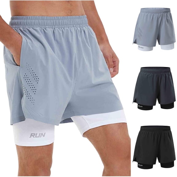Paiwinds Men's 2-in-1 Running Shorts Quick Dry Athletic Workout Shorts with Pockets Elastic Waistband Breathable Layered Half Pants for Gym Casual Daily Wear Grey Black Dark Grey