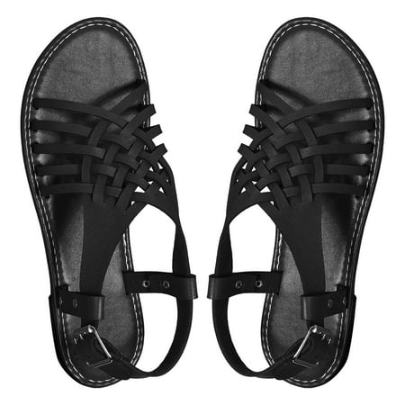 

LIANGP Women s Sandals Casual Side Hollow Belt Buckle Flat Roman Shoes Summer Fashion Ladies Sandals Women s Shoes Black Size 6.5