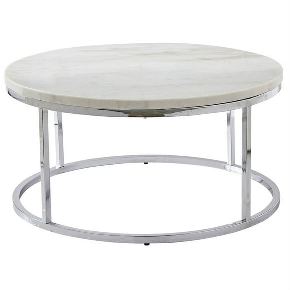 Steve Silver Echo White Marble and Chrome Metal Round Cocktail Table