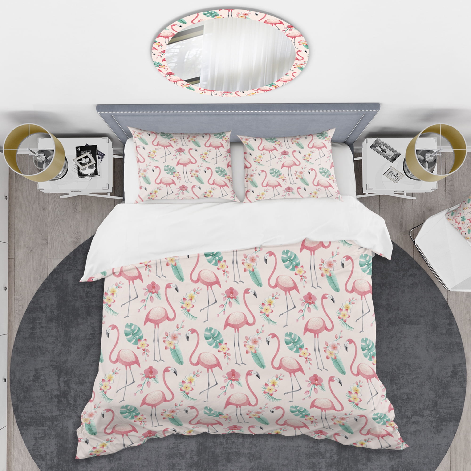 Designart 'Tropical Botanicals, Flowers And Flamingo II' Mid-Century Modern Duvet Cover Set