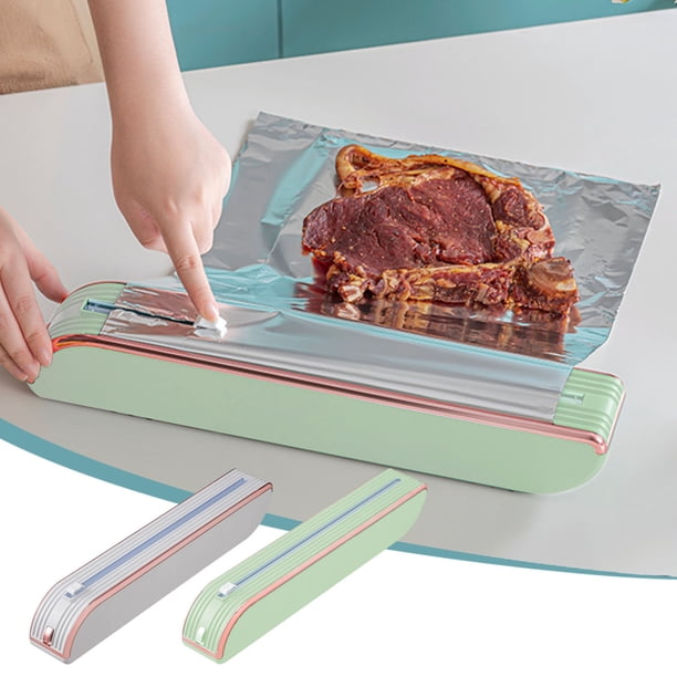 Dispensador de film transparente con cortador - Recargable para film transparente, papel aluminio y papel de horno - ABS verde y blanco - 15,55"