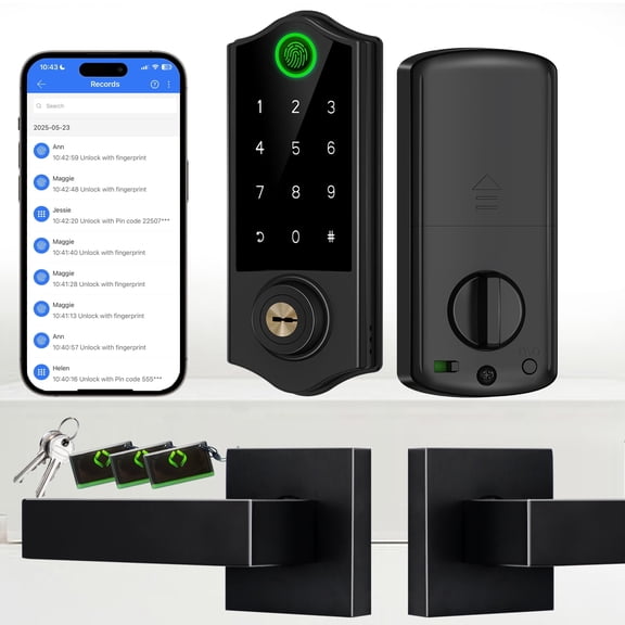 Fingerprint Smart Door Locks with Handles, App Control, Keyless Entry Front Door Lock Set, Bluetooth Digital Electronic Touchscreen Keypad Deadbolt, Easy Installation, Black