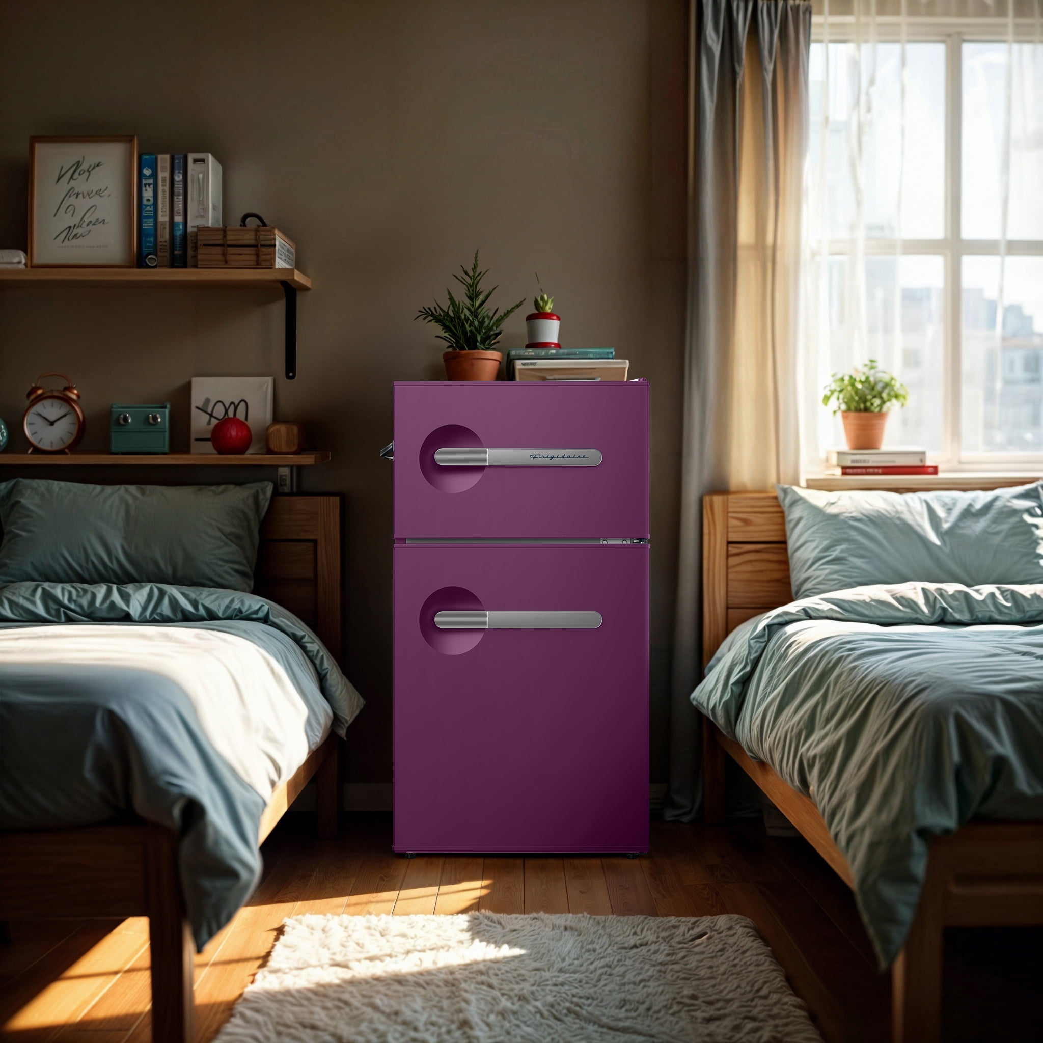 Frigidaire 3.1 Cu. ft. Compact Refrigerator with Freezer Compartment, 2-Door Retro Fridge with Built-in Side Bottle Opener, Plum