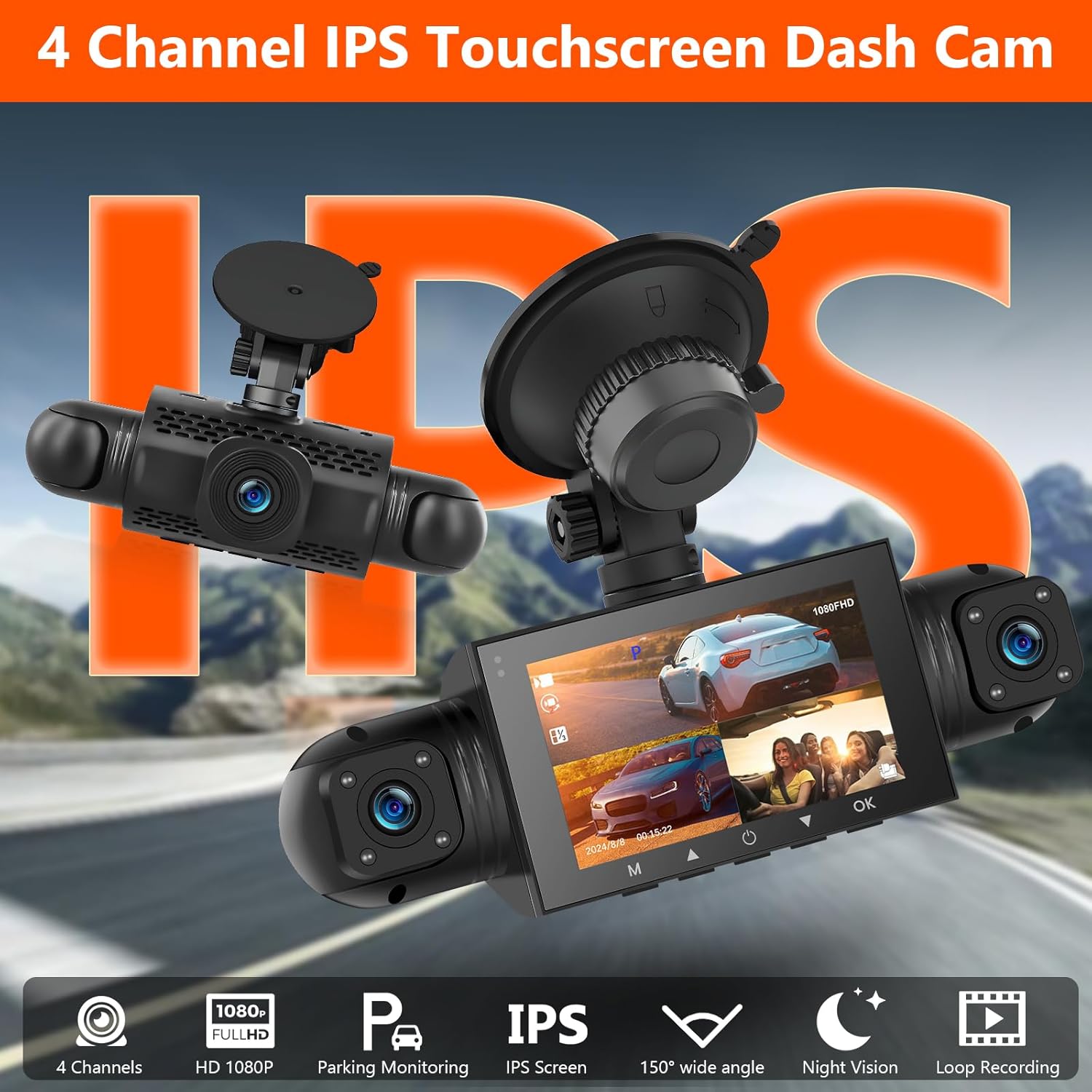 360° Dash Cam Front and Rear Inside,4 Channel 3" IPS Touchscreen Dash Cam Front and Rear Inside Left Right,4*1080P Dash Camera with 8 IR Night Vision,Loop Recording,G-Sensor,24 Hours Recording